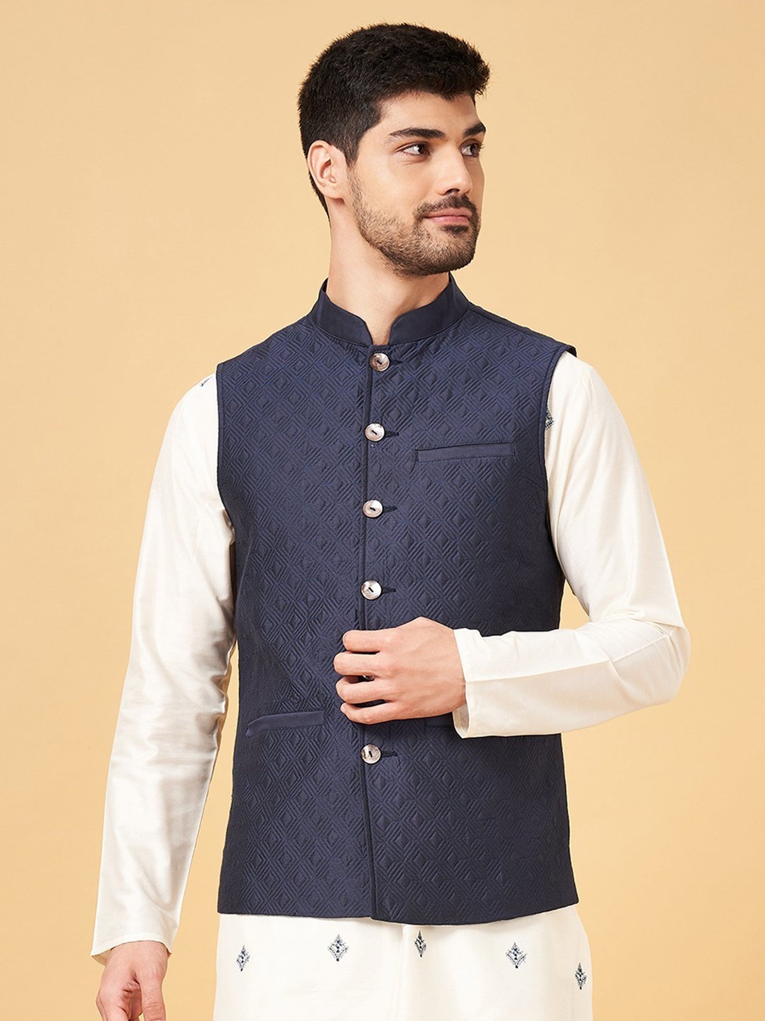 Indus Route By Pantaloons Navy Regular Fit Self Pattern Nehru Jacket