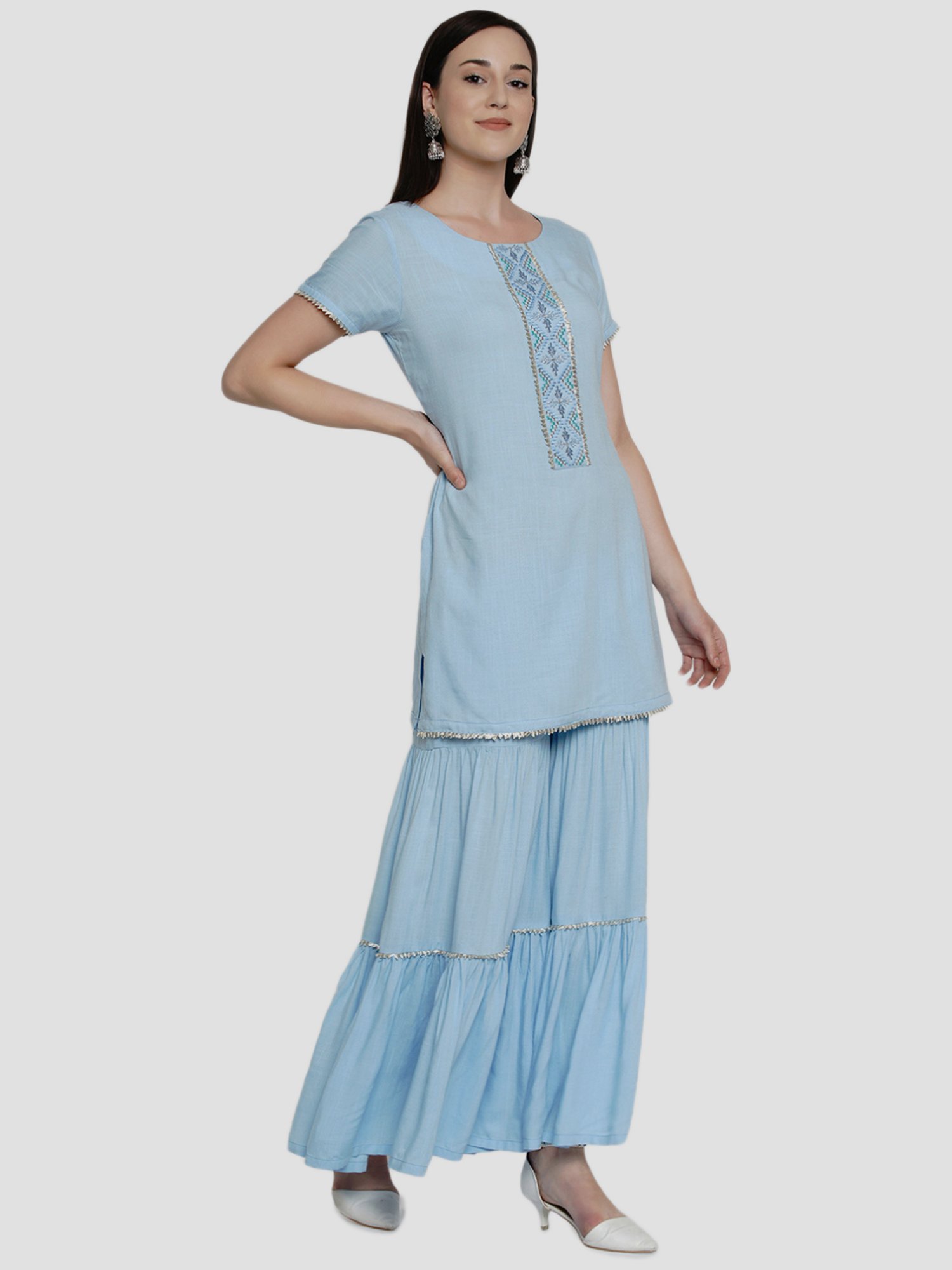 Women Republic Blue Embroidered Kurti Sharara Set With Dupatta