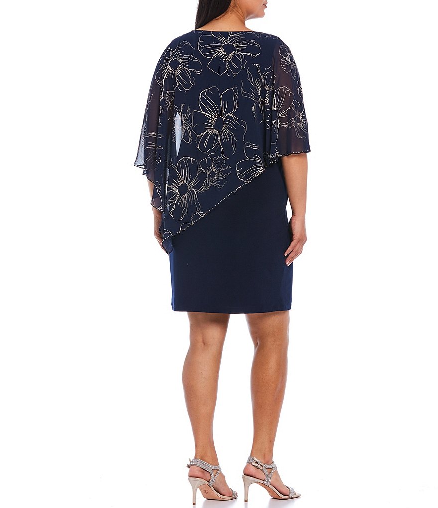 Ignite Evenings Plus Size Asymmetric Chiffon Floral Print Overlay Beaded Trim Sheath Dress