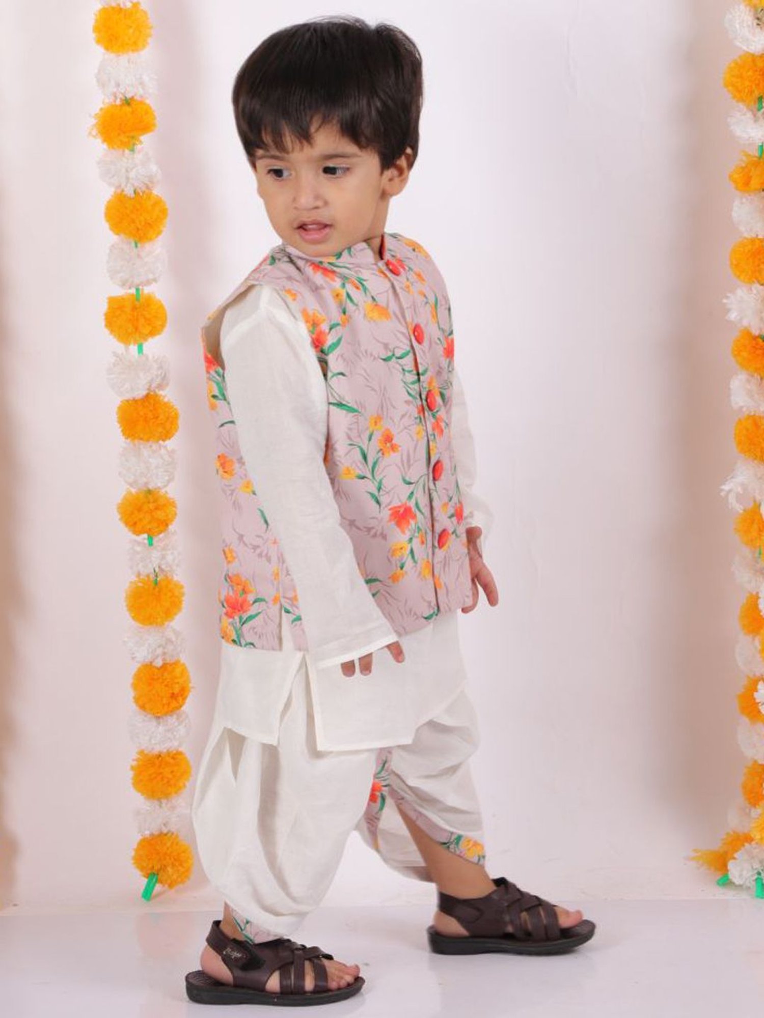 Little Bansi Kids Beige Cotton Floral Print Kurta Set