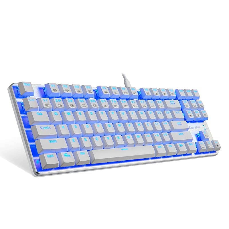 KG061-BR Blue LED Backlit Mechanical Gaming Keyboard Low Profile Mechanical Gamers Keyboard 87 Key Mechanical Computer USB Gaming Keyboard for PC Quiet Cherry Brown Switches (White Version)