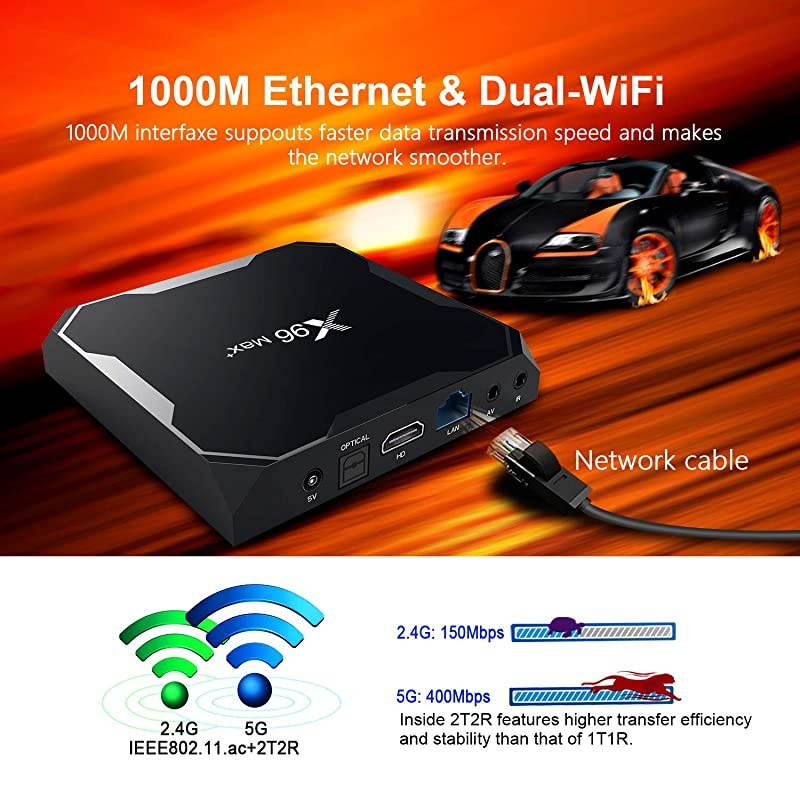 Max+ Android TV Box 90 Amlogic S905X3 4GB RAM 32GB ROM 24G58G WiFi 1000M LAN Bluetooth 40 H265 HDR 3D 4K 60fps with 24G Voice Remote Control