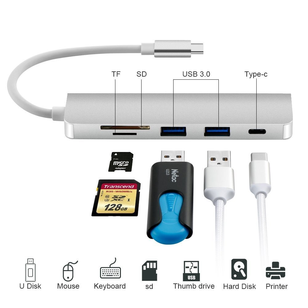 5 in 1 USB-C HUB Type-C Converter with PD / SD / TF / 2 x USB3.0, Support SD/TF Card Reader, PD Fast Charging and USB3.0 HUB for New Android Smartphone, New MacBook and Chromebook etc.