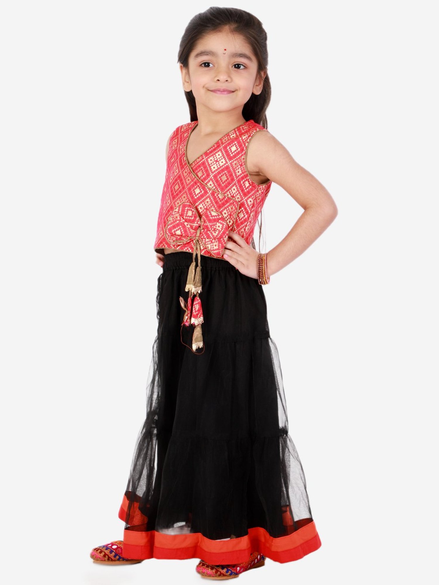 TWISHA Kids Red & Black Self Design Top with Ghagra