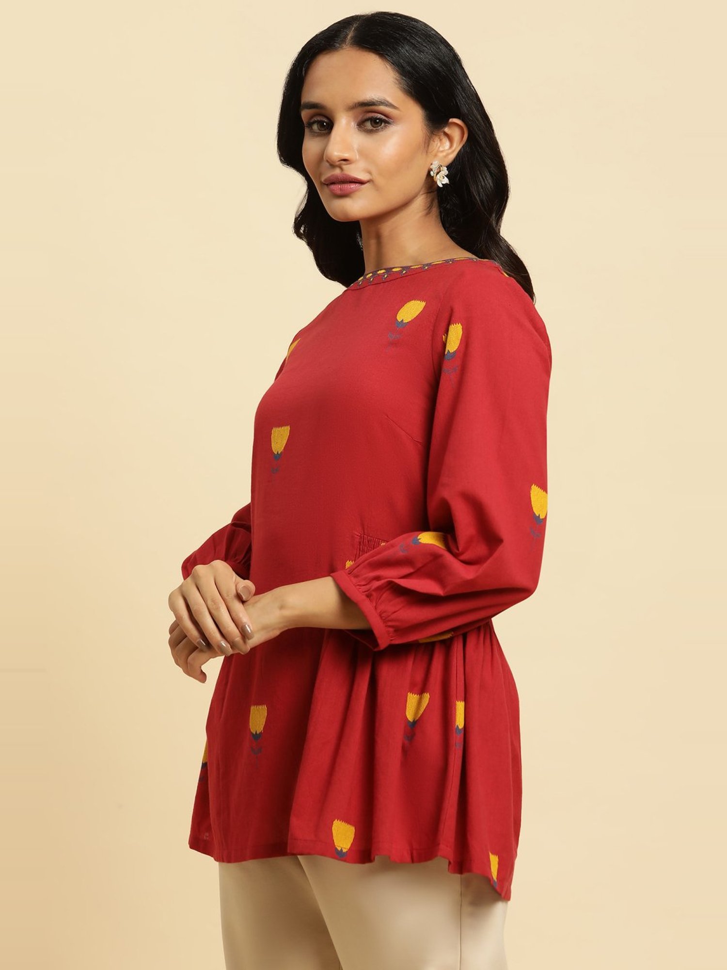 W Red Cotton Embroidered Top
