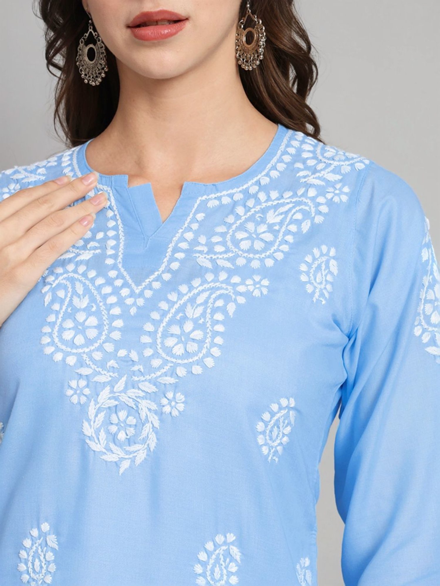 PARAMOUNT CHIKAN Sky Blue Cotton Hand Embroidered Chikankari Straight Kurti