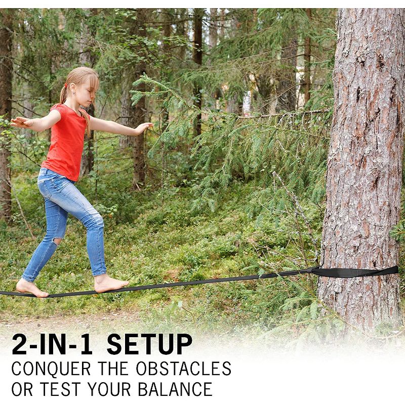 Sunny & Fun 50 Ft. Ninja Slackline Monkey Bar & Climbing Rope &ndash; Kids Gym Swinging Obstacle Course Set - Warrior Training, Fists, Cargo Net, Spinning Wheel, Gymnastics & Freestyle Rings - Bag & Tree Protectors
