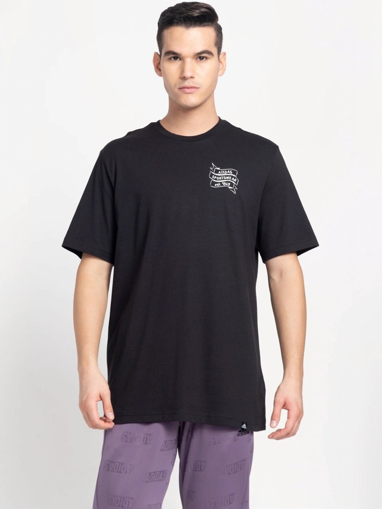 Adidas Black Cotton Regular Fit Printed T-Shirt