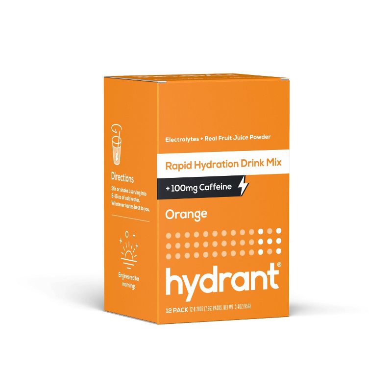 Hydrant Energy Electrolyte Rapid Hydration Powder Packets Drink Mix with Caffeine - Orange - 12ct