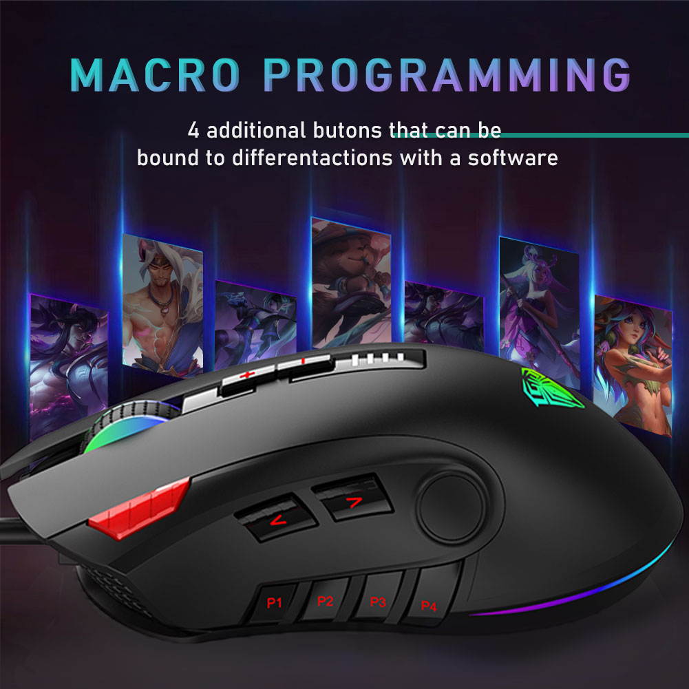 AULA H512 Wired Gaming Mouse with Programmable Side Buttons, Ergonomic Optical 7 RGB Lights Backlit, 6 Mode DPI & Weights Adjustable, Professional Gamers Computer Mice for PC/MAC