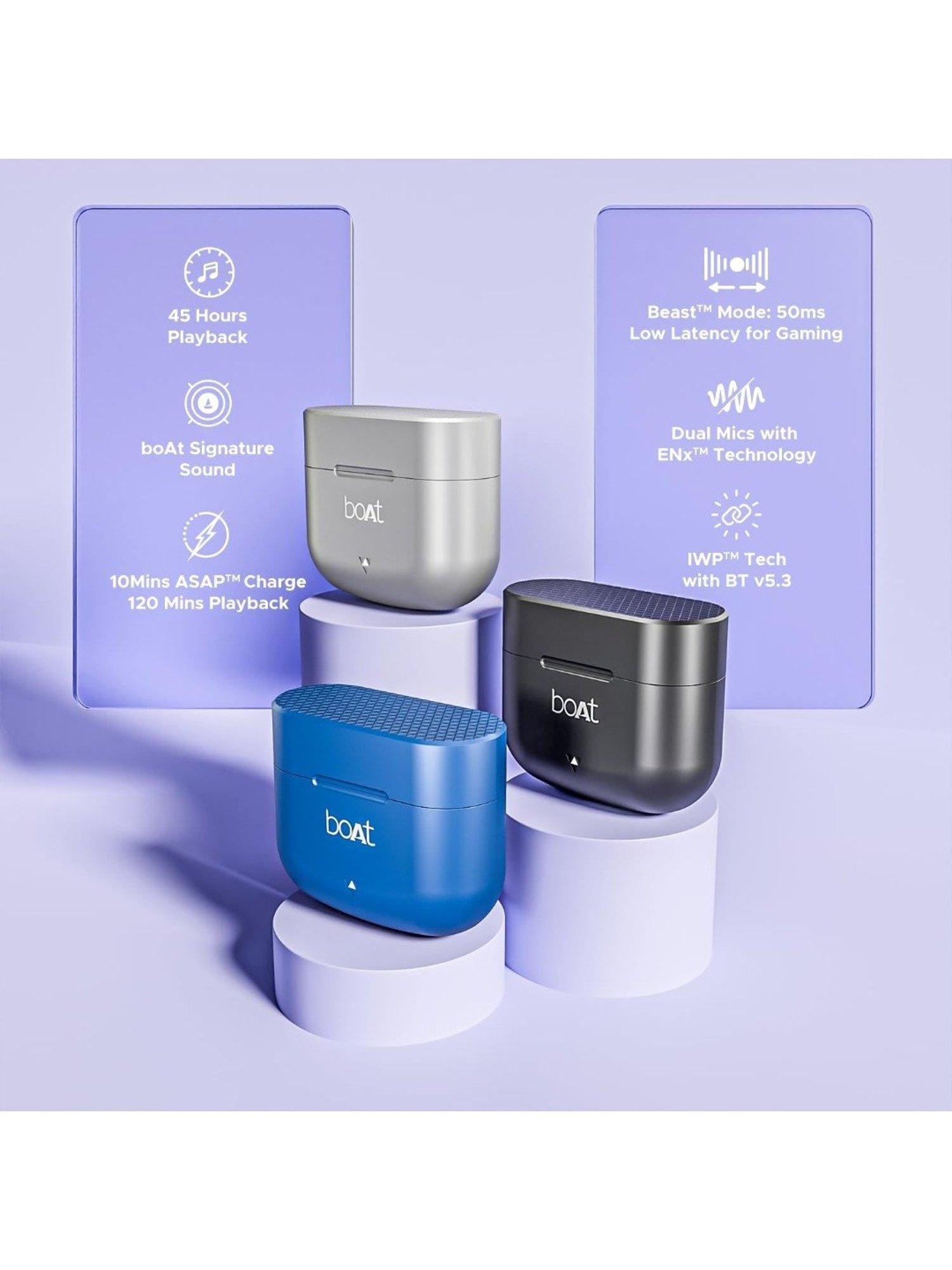 Boat Airdopes 91 Bluetooth Earbuds with Dual Mics, 45 hrs Playtime (Starry Blue, True Wireless)