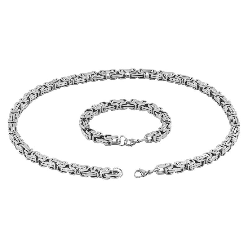 Men's Stainless Steel Byzantine Chain Necklace and Bracelet Set