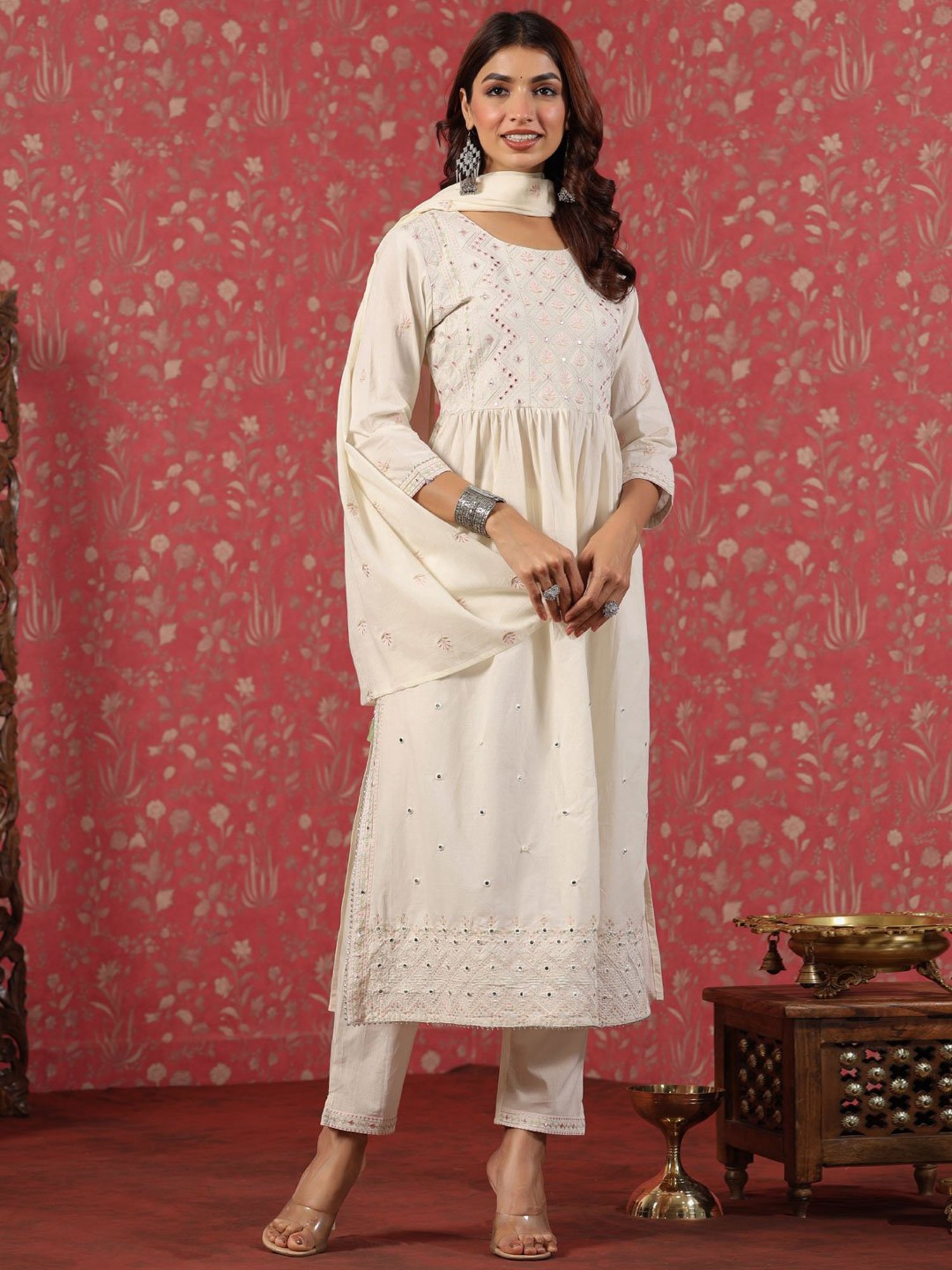 READIPRINT FASHIONS Beige Cotton Embroidered Kurta Pant Set With Dupatta