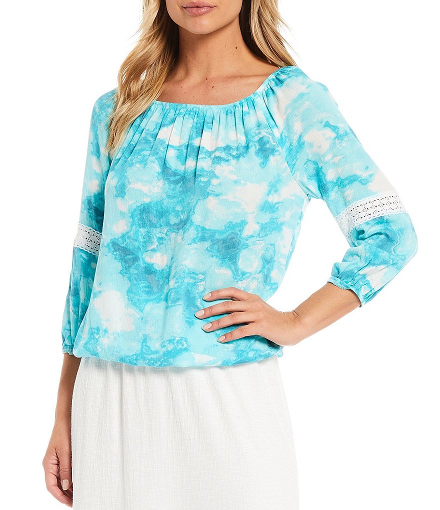 I.N. Studio Tie Dye Scoop Neck Crochet Trim 3/4 Sleeve Elastic Hem Top