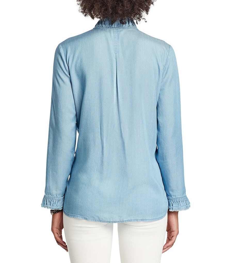 NIC + ZOE Woven Ruffled Up Denim Long Sleeve Stand Collar Shirt