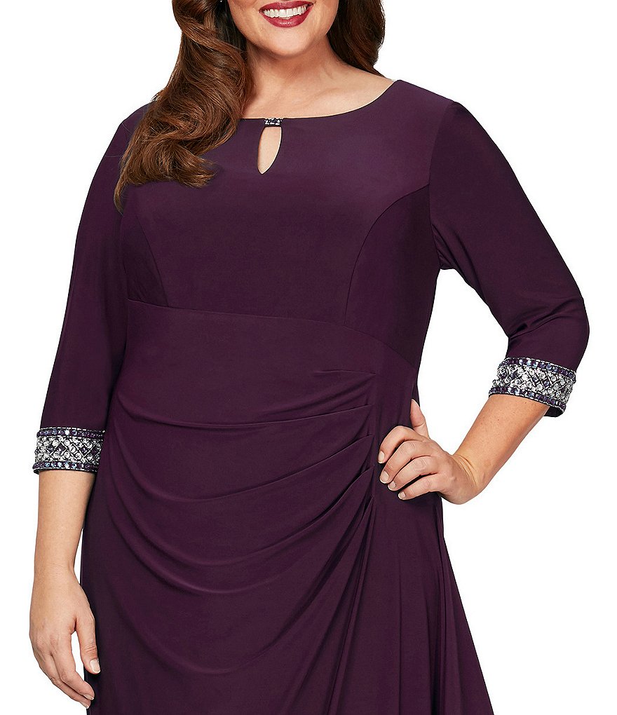 Alex Evenings Plus Size Side Round Keyhole Neck 3/4 Sleeve Ruched Embellished Cuff Gown