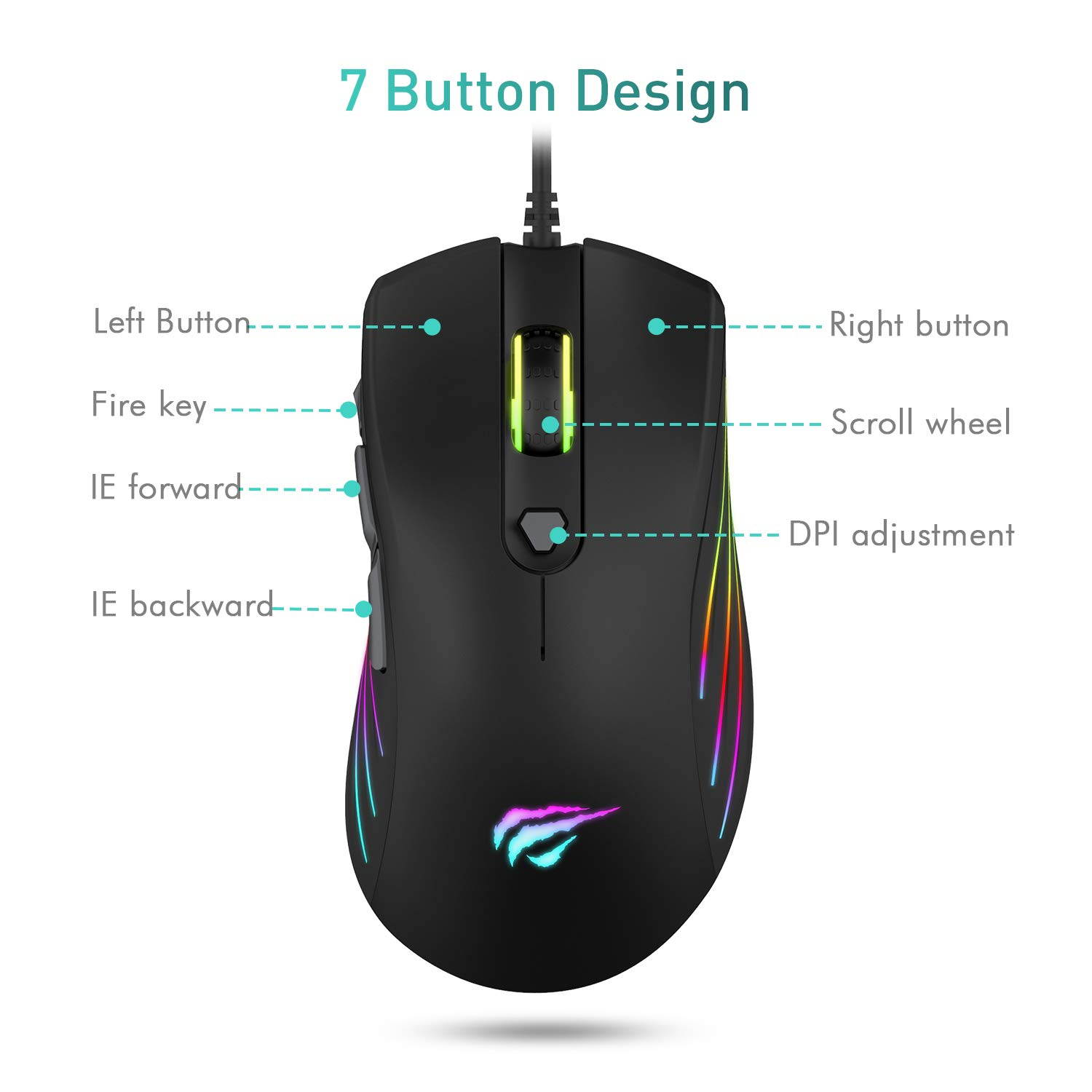 Havit Gaming Mouse 5 DPI(800,1600,2400,4800,7200) 7 RGB Light 1000Hz Polling Rate Computer Ergonomic Wired USB Programmable Mice for Laptop Desktop PC Gamer