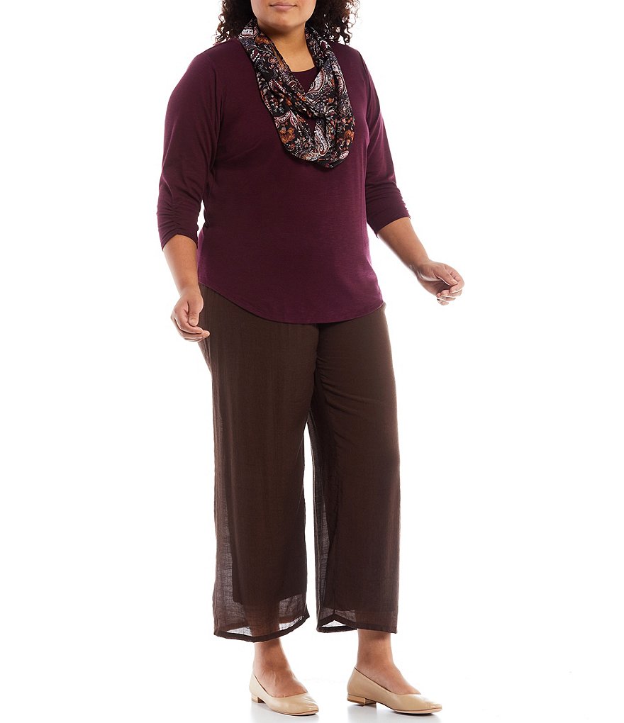 I.N. Studio Plus Size Hacci Knit 3/4 Ruched Sleeve Jewel Neck Paisley Print Scarf Top