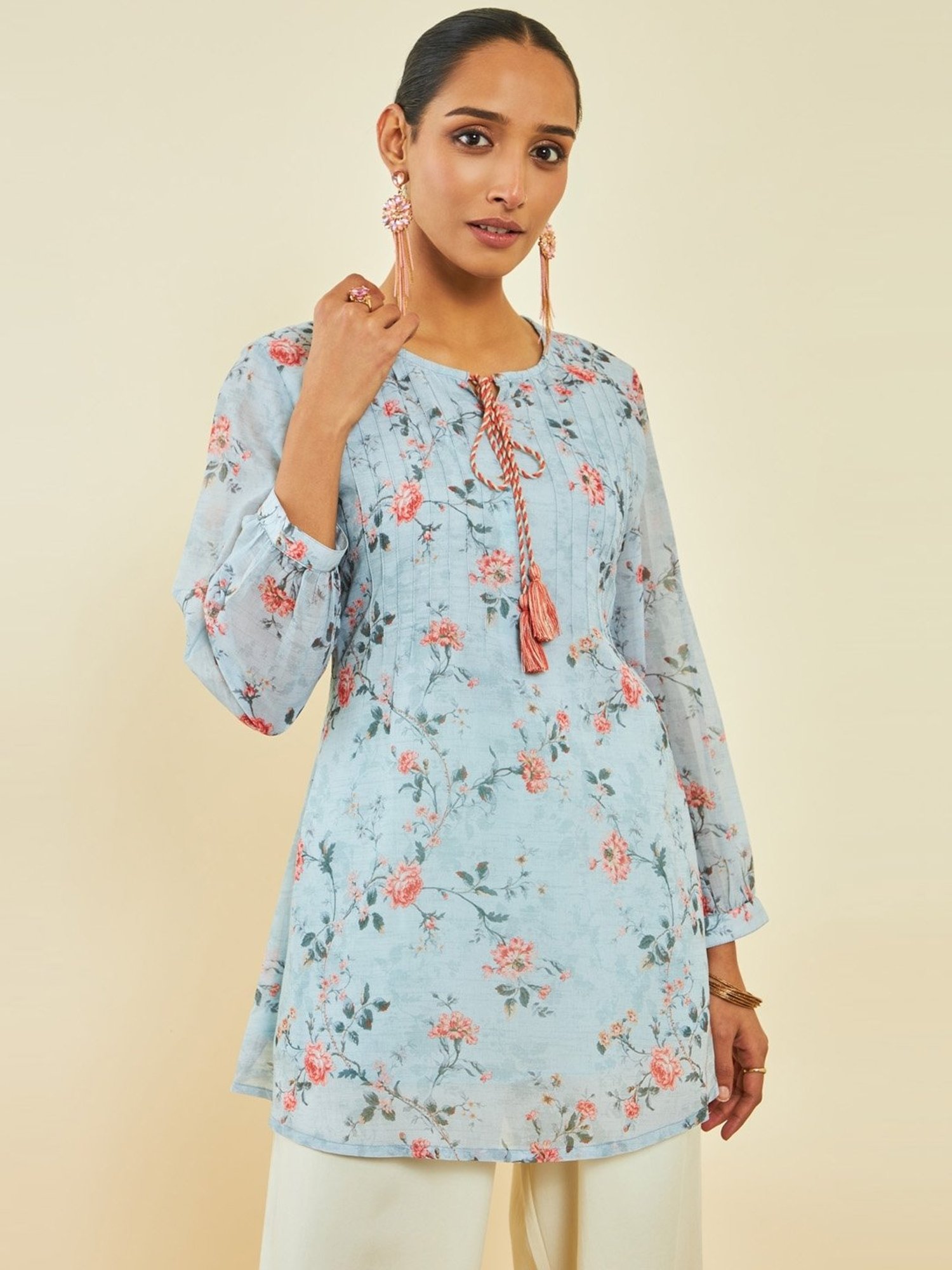 Soch Powder Blue Georgette Floral Print A-Line Tunic with Pintucks