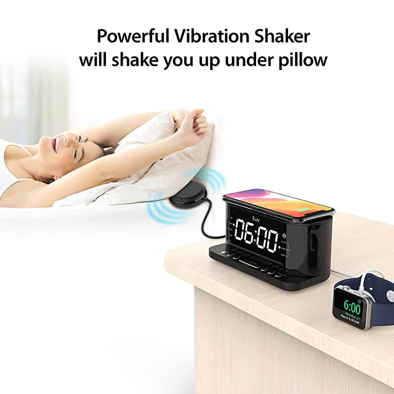 Time Shaker 5Q Wow Qi-Certified Wireless Charging Alarm Clock with Vibration Shaker, Jumbo LCD White Display, Dual Alarm, FM Radio, Sleep Timer, 3-Level Dimmer, USB Charging Port, Battery Backup
