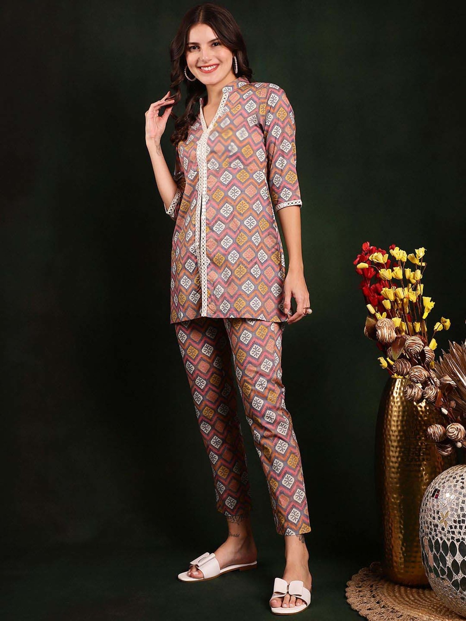 Claura Grey Cotton Printed Top Pant Set