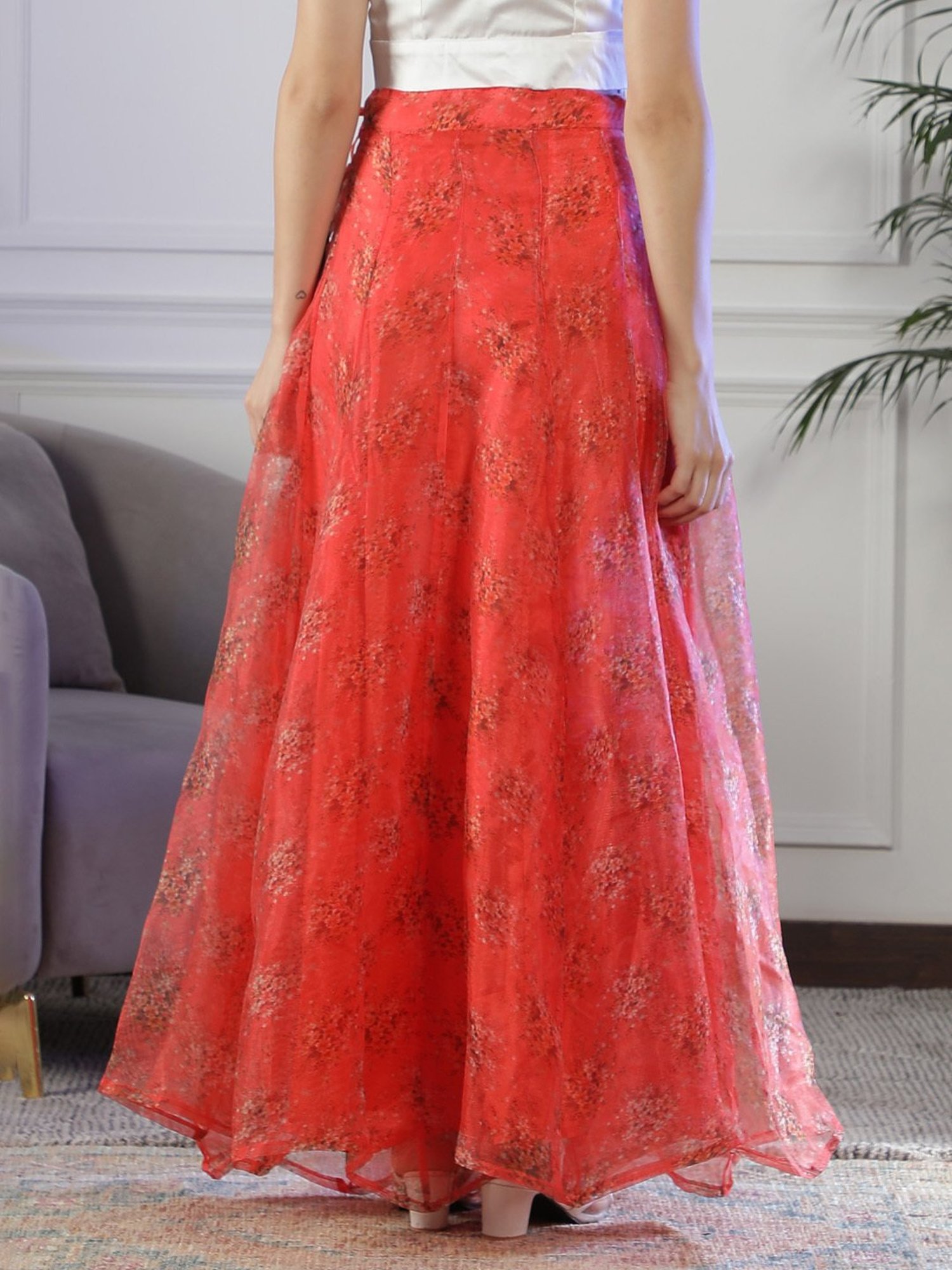 NEUDIS Red Floral Print Maxi Lehenga Skirt