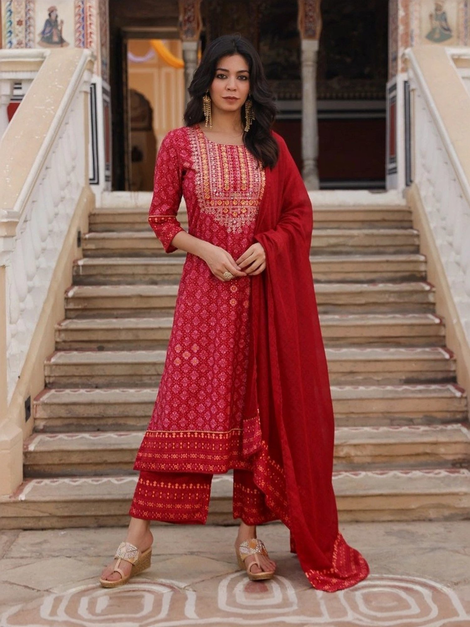 Juniper Red Cotton Embellished Kurta Pant Set With Dupatta