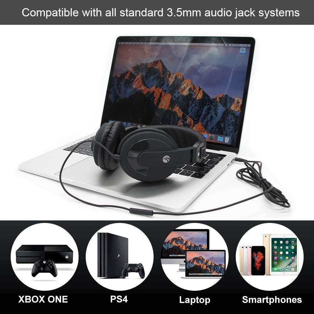 Over Ear Headphones with Microphone Lightweight Stereo Wired Headset 3.5mm Audio Jack for Smartphones Tablets Laptops MP4 PS4 Office School Classroom Online Chat Students Teens Adults (Black)