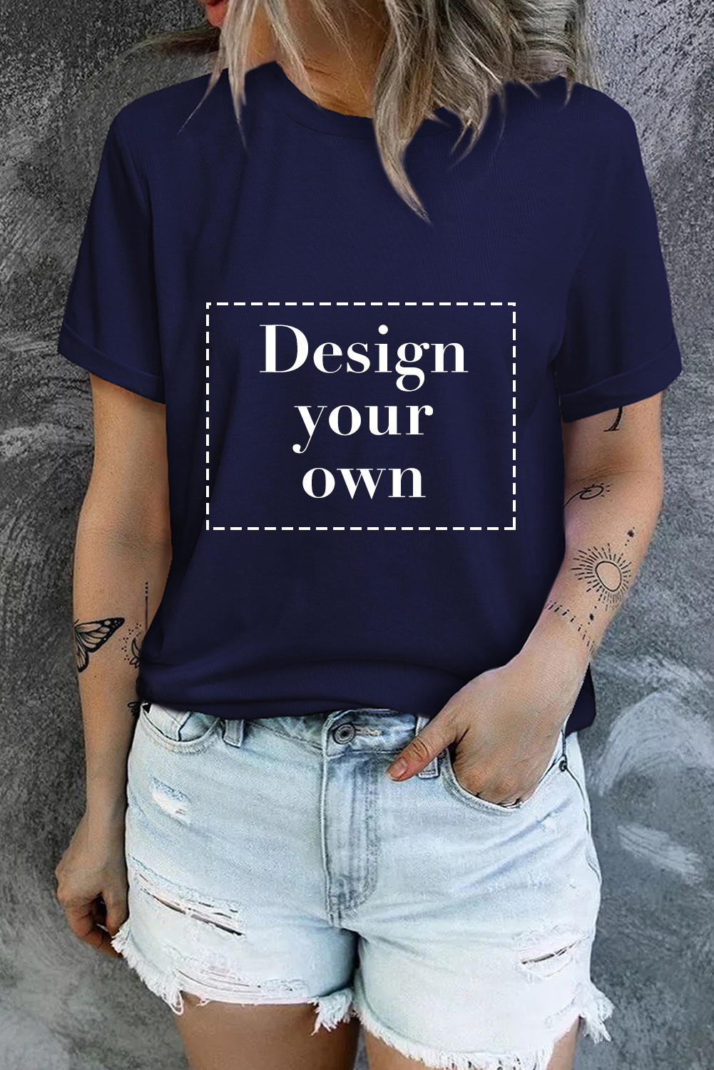 Blank T Shirt - Dark Blue Casual Solid Color Crew Neck Tee Customized