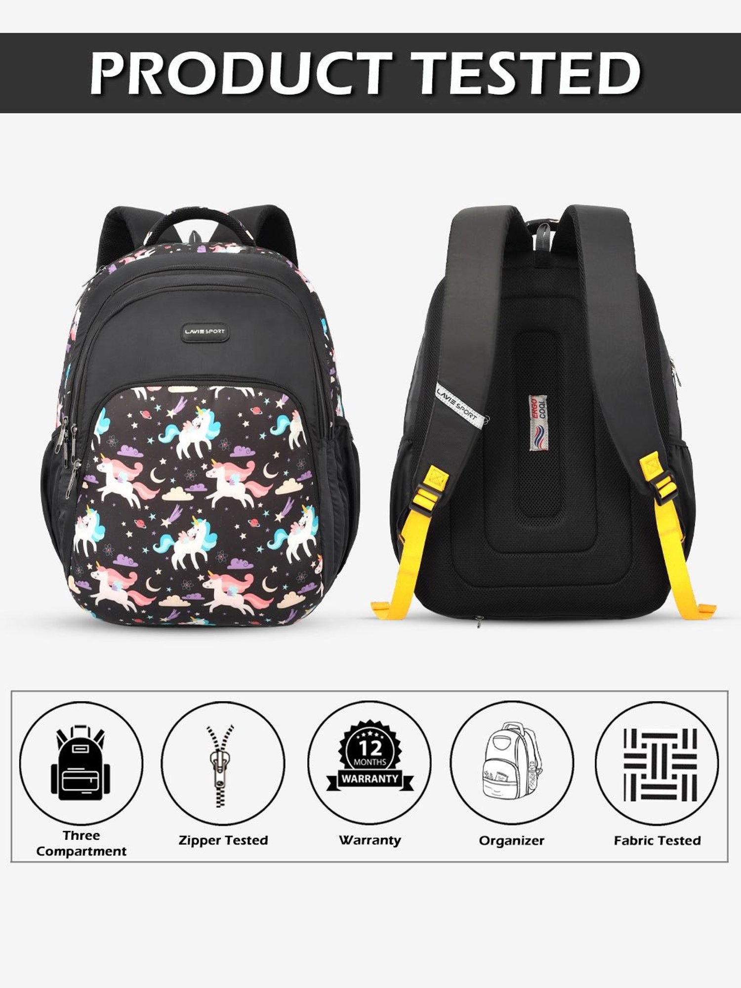 Lavie Sport Unicorn Star 39L Printed School Backpack with Rain cover for Girls (Black)