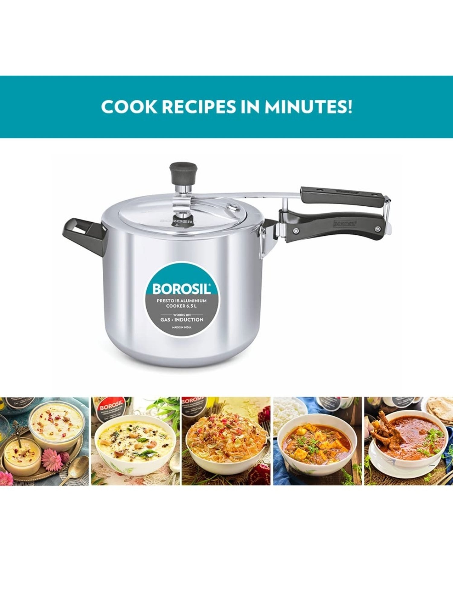 Borosil Silver Aluminium Pressure Cooker (6.5 L)