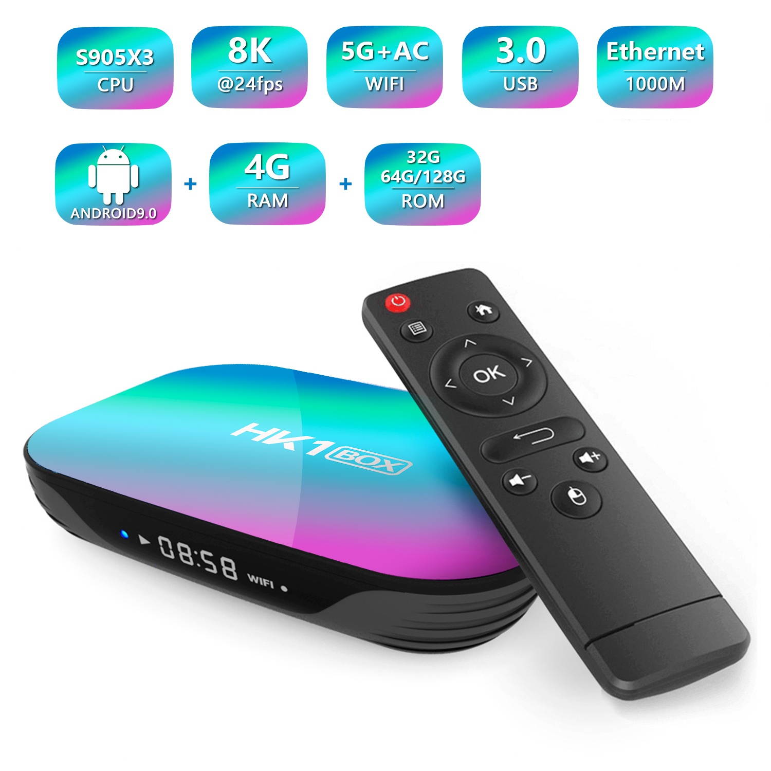 HK1 Box Amlogic S905X3 4GB RAM 64GB ROM 5G WIFI bluetooth 4.0 1000M LAN Android 9.0 4K 8K H.265 TV Box Support Google Assistant