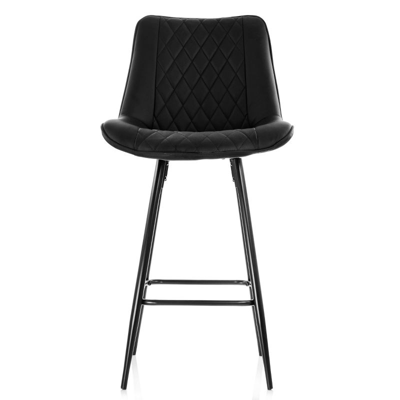 Elama 2 Piece Diamond Stitched Faux Leather Bar Chair in Black with Metal Legs