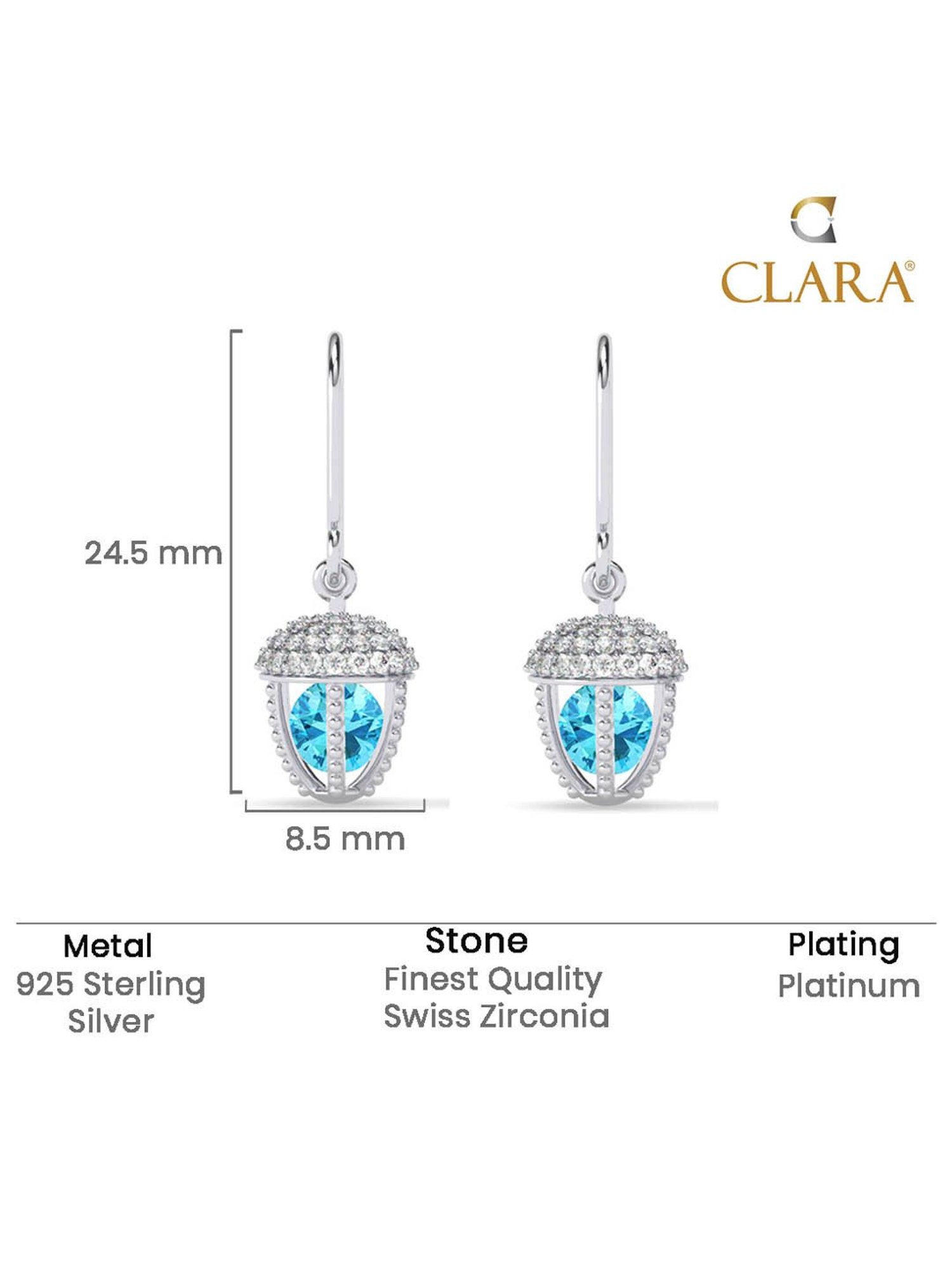 Clara 925 Silver Platinum Plated Swiss Zirconia Acorn Blue Solitaire Drop Earrings Gift for Women