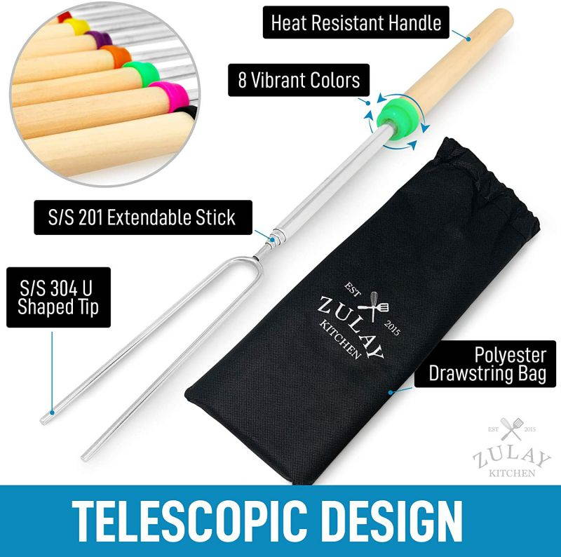 Zulay (8 Pack) Long 32 Inch Marshmallow Roasting Sticks Extendable Design - Stainless Steel Smores Skewers for Camping, Bonfire, Fireplace - Extendable & Retractible Telescoping Marshmallow Sticks