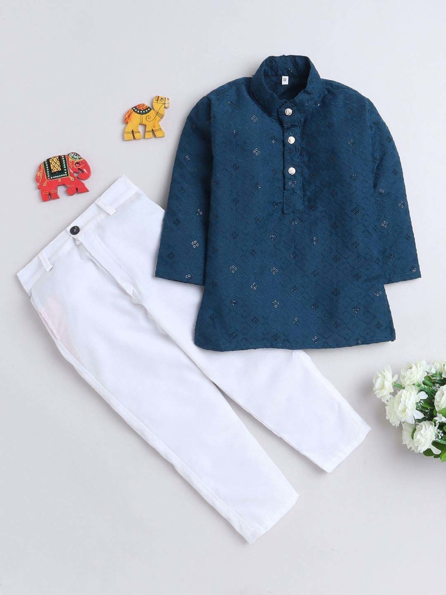 Fourfolds Boys Turquoise Cotton Embroidery Full Sleeves Kurta Set