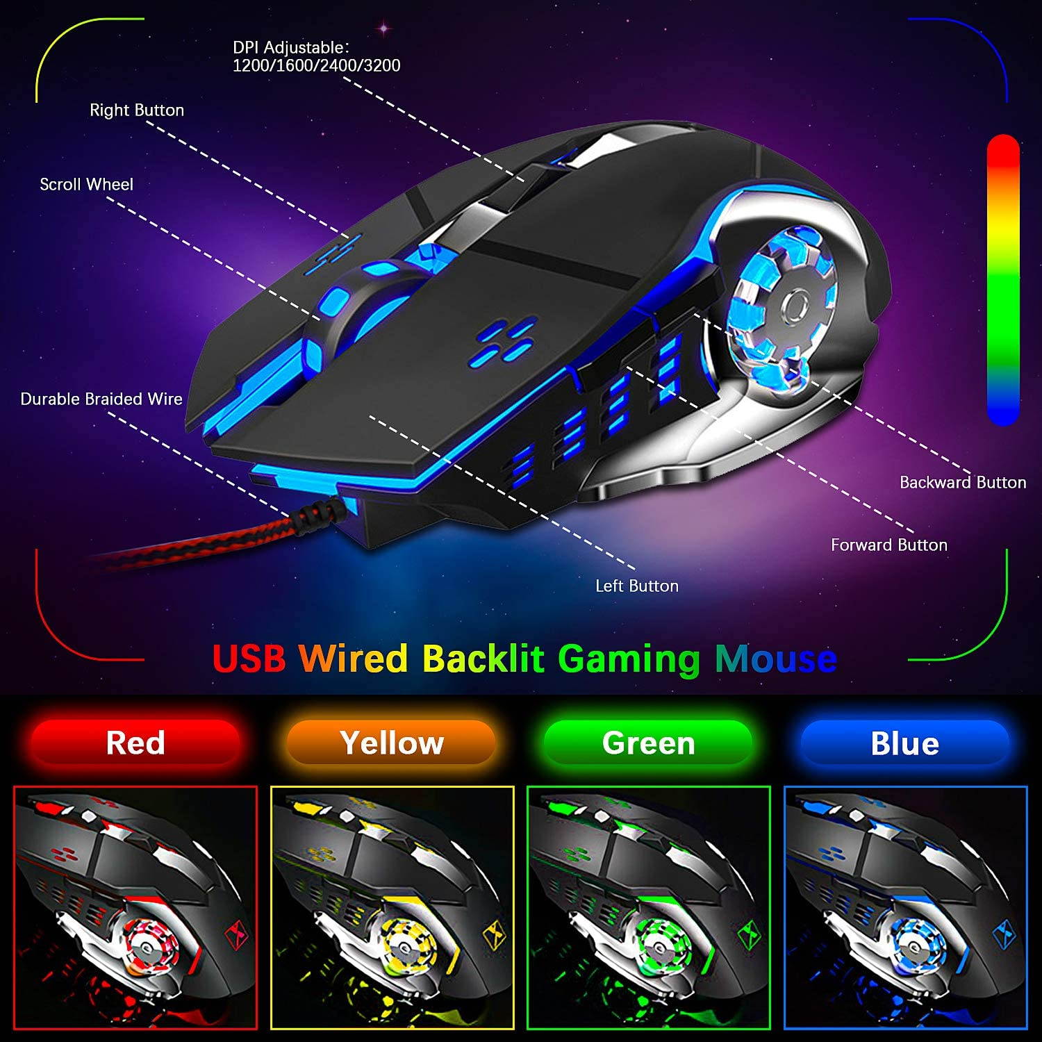 UKCOCO RGB Gaming Keyboard and Colorful Mouse Combo, USB Wired LED Backlight Gaming Mouse and Keyboard for Laptop PC Computer Gaming and Work, Letter Glow, Mechanical Feeling - Black