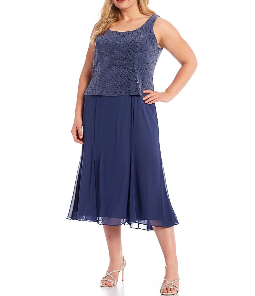 Alex Evenings Plus Size Mandarin Collar Neck 3/4 Sleeve Sequin Metallic Knit A-line Jacket Dress