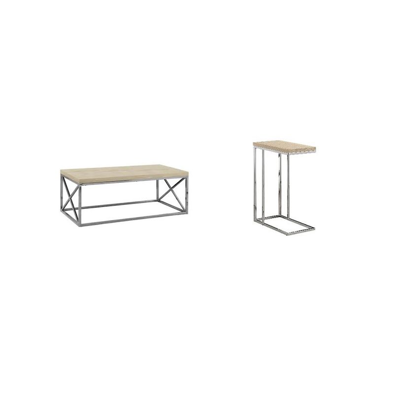 Monarch Natural Wood-Look & Chrome Designer Coffee Table & Accent Side End Table