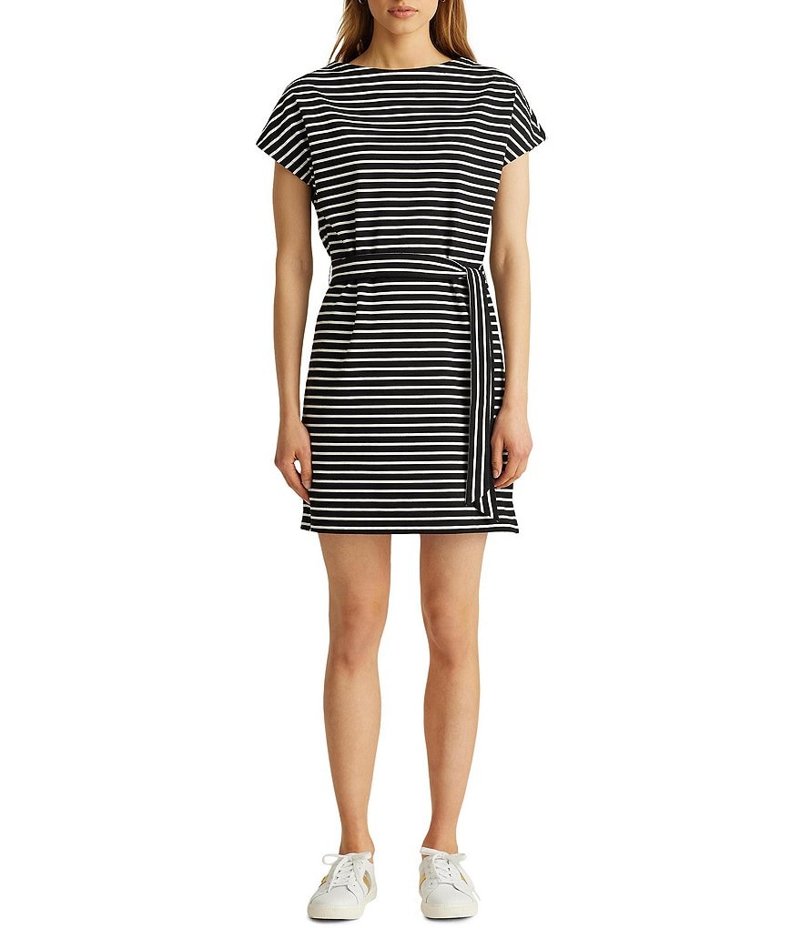 Lauren Ralph Lauren Petite Size Striped Cotton Jersey Boat Neckline Sash Short Sleeve Belted Dress