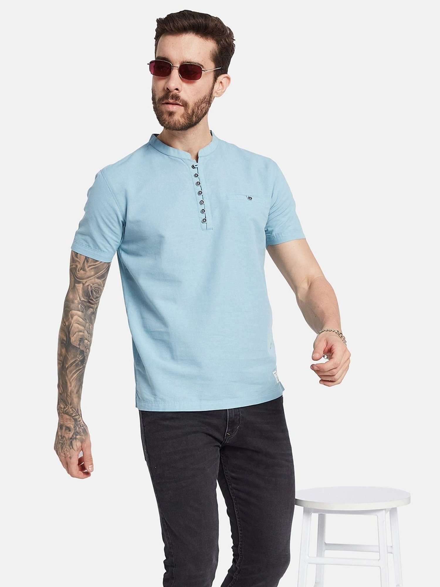 Octave Teal Blue Cotton Regular Fit T-Shirt