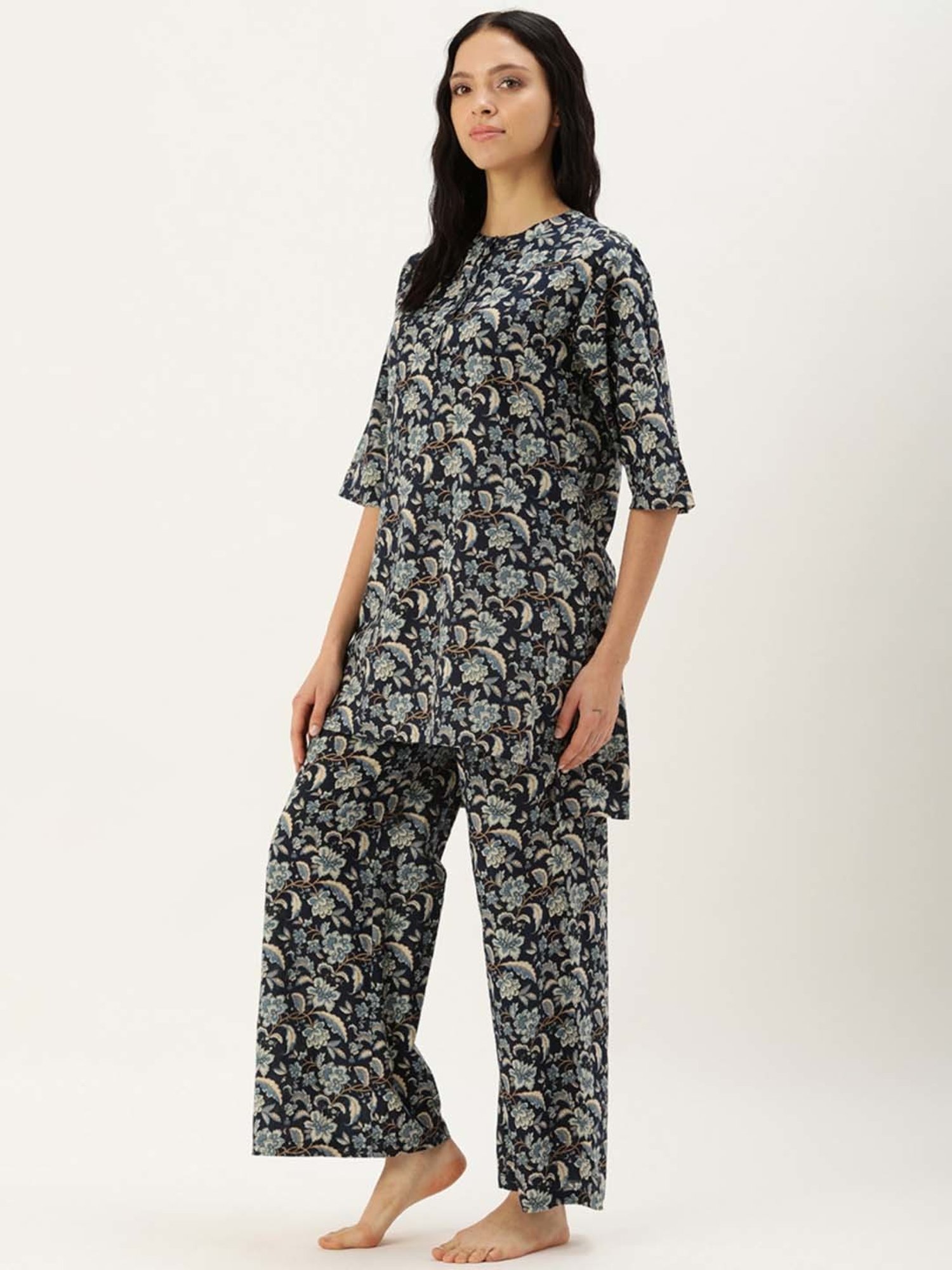 Clt.s Blue Cotton Floral Print Kurti Palazzo Set