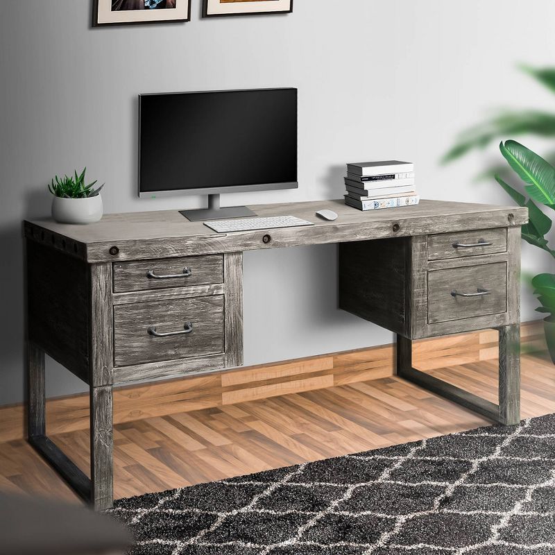 61" 4 Drawer Wooden Home Office Desk with Sled Leg Support Distressed Brown - The Urban Port