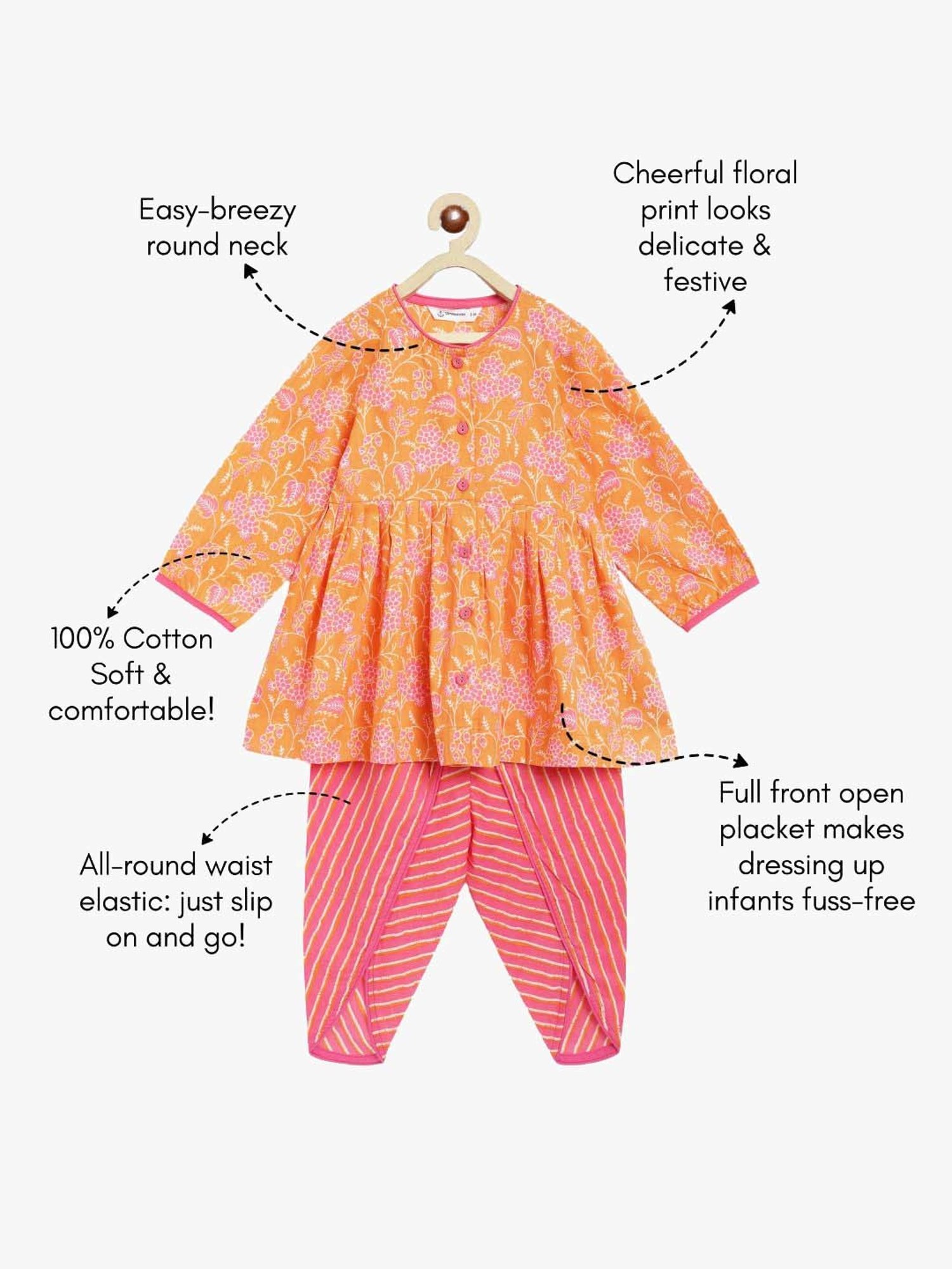 Campana Kids Orange & Pink Cotton Printed Full Sleeves kurti & Dhoti