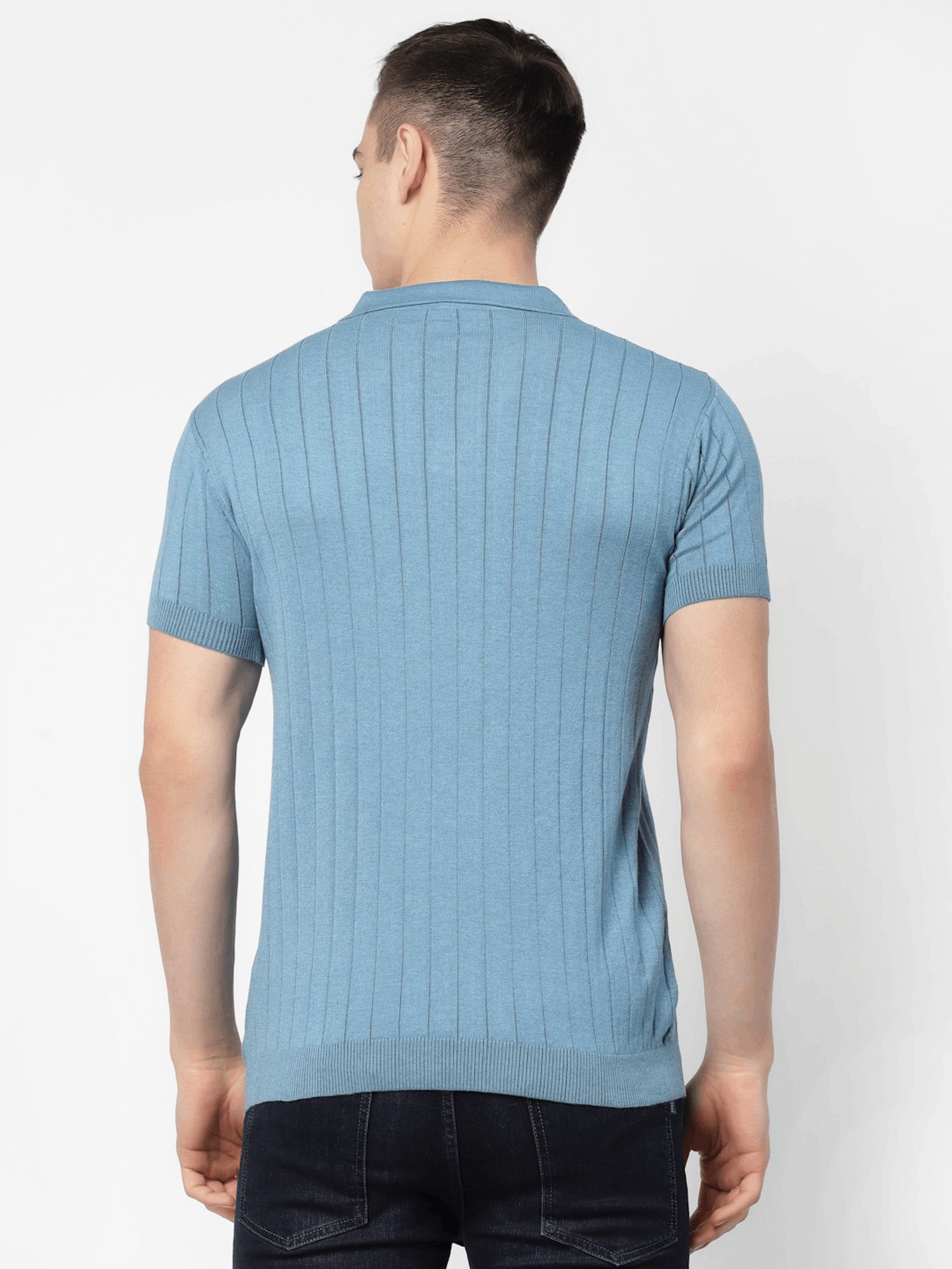 Kalt Light Blue Regular Fit Striped Polo T-Shirt