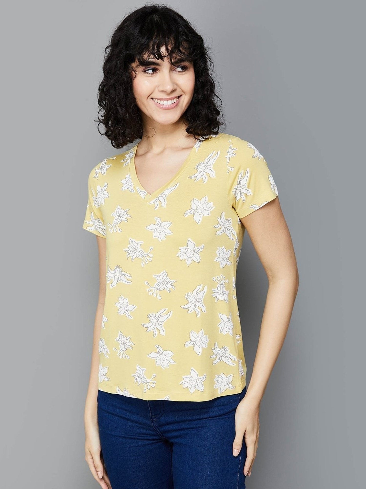 Colour Me by Melange Yellow Printed T-Shirt