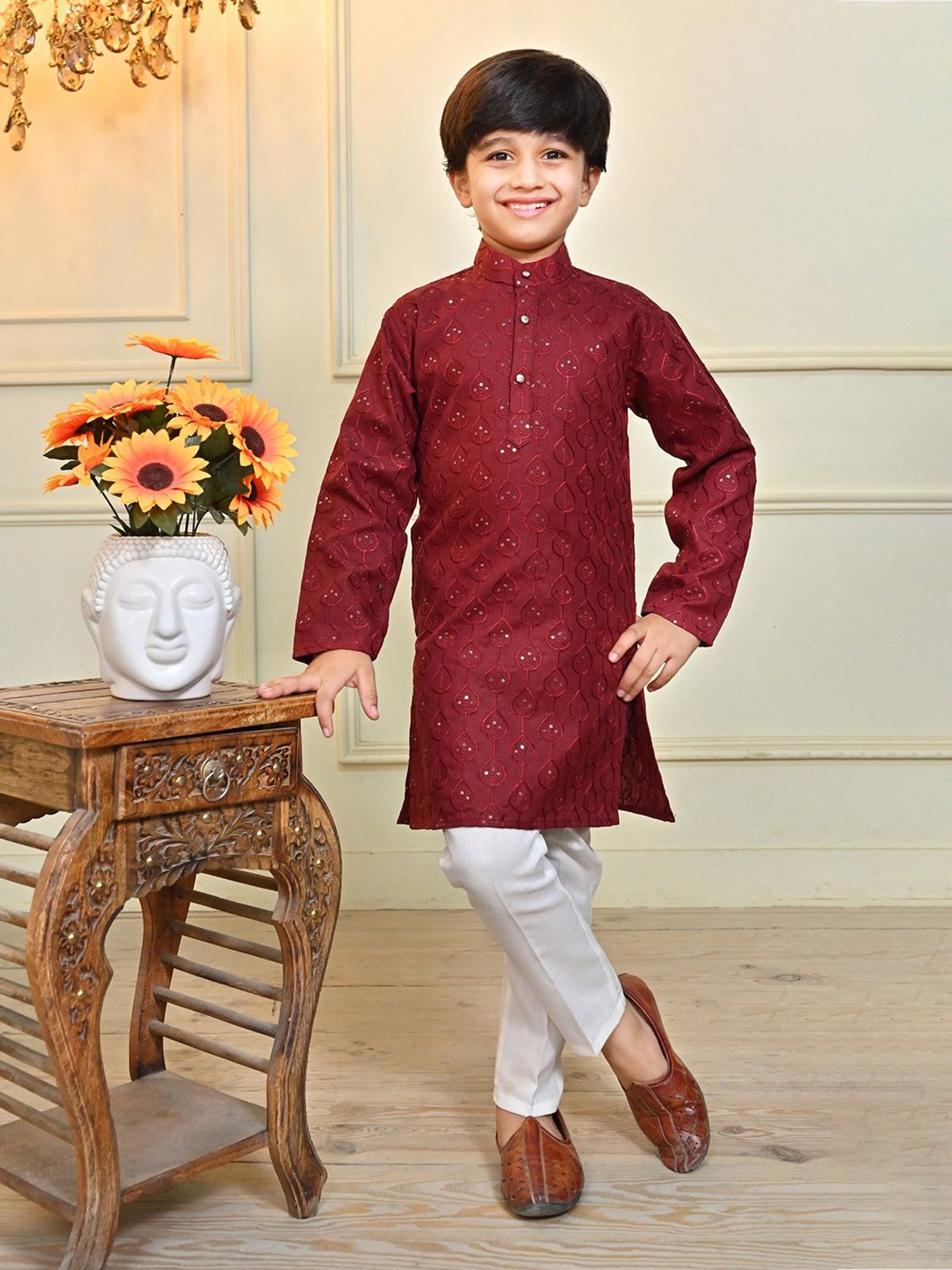 Ahhaaaa Kids Maroon & White Embellished Full Sleeves Kurta With Pyjamas
