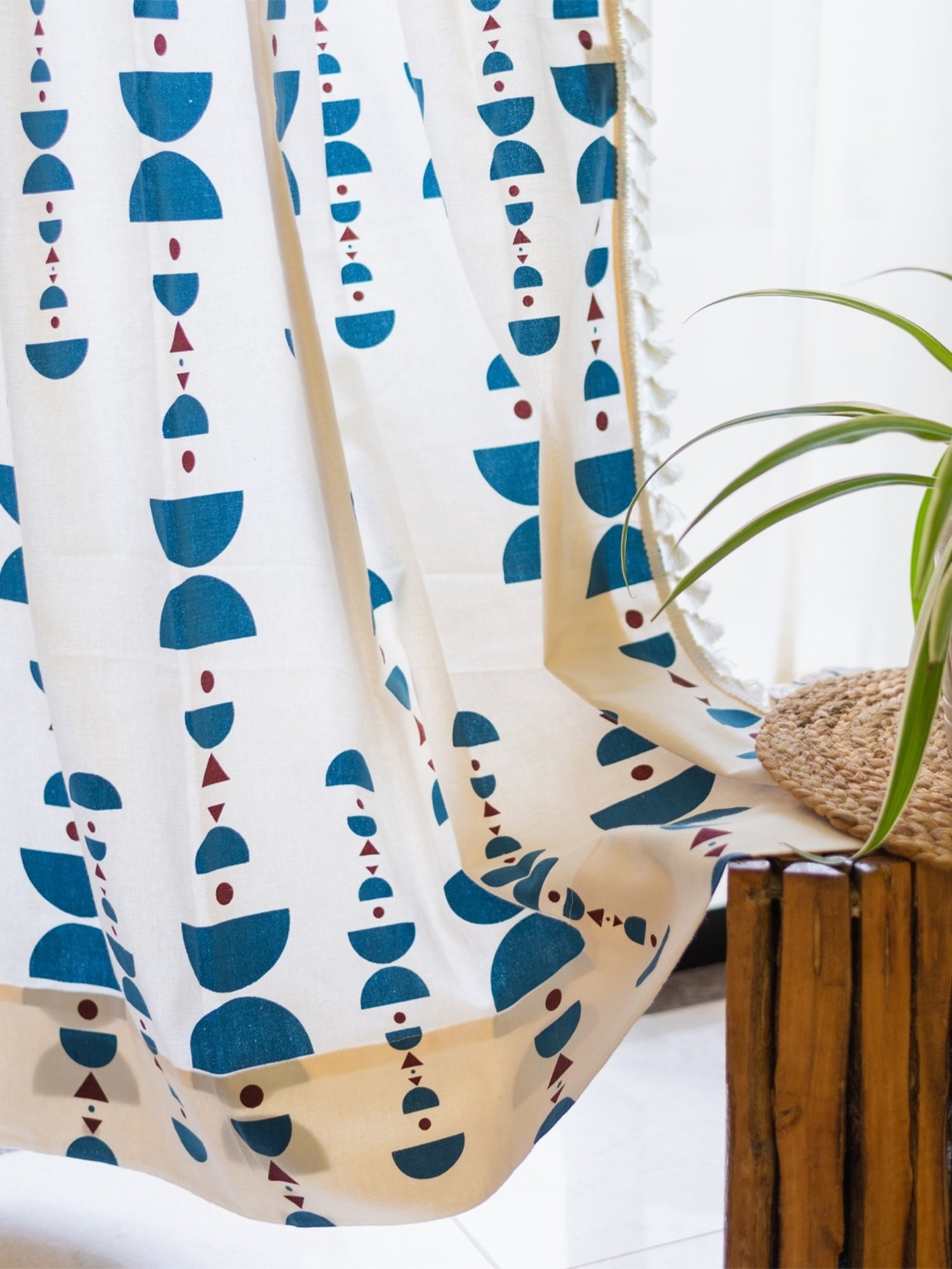 Urban Space Printed White & Blue Cotton 5 ft Boho Window Curtain