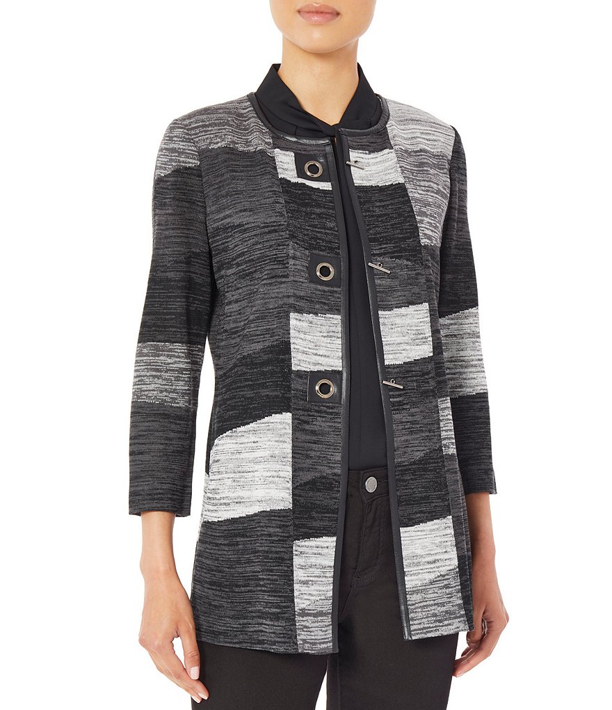 Ming Wang Melange Colorblock Knit Toggle Closure Round Jewel Neck 3/4 Sleeve Jacket