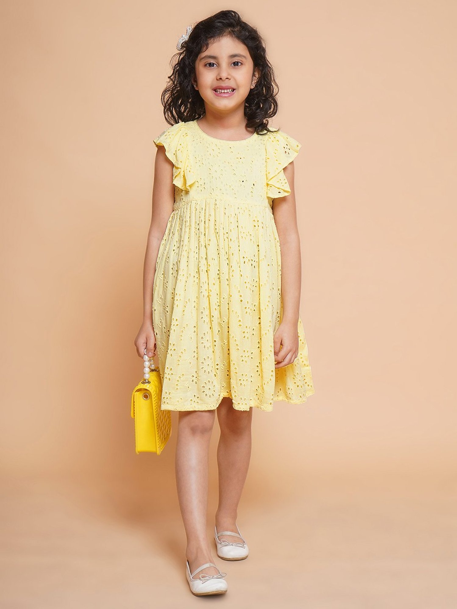 Little Bansi Kids Yellow Self Design Dress